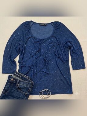 Notations Navy Blue Ruffle Sequin 3/4 Sleeve Top